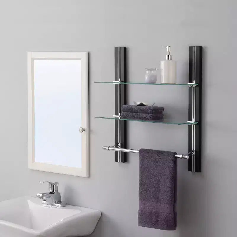 Mensola da bagno in vetro a due livelli con portasciugamani