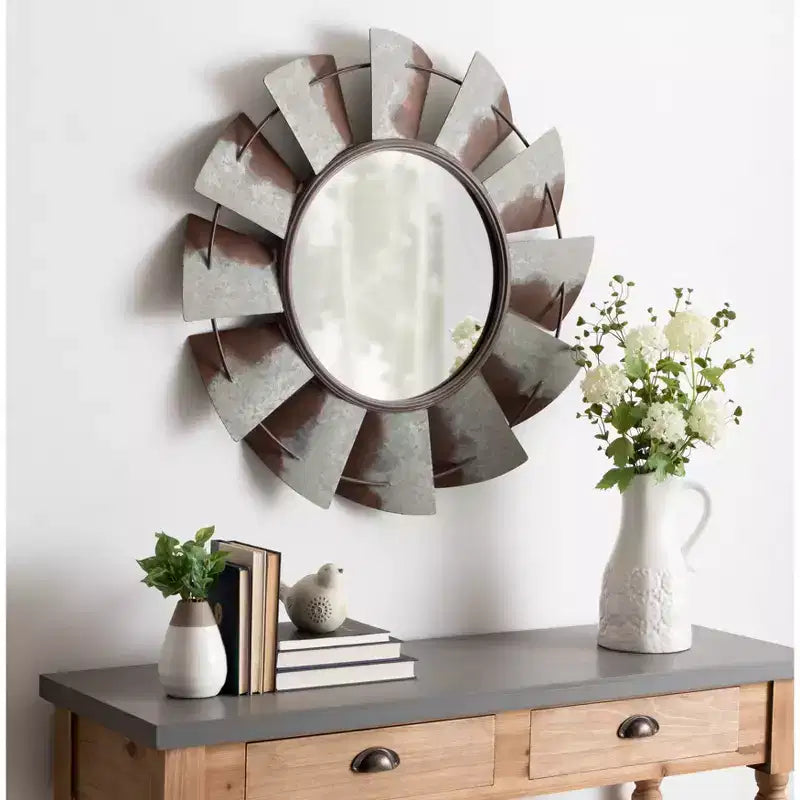 Specchio da Parete Rotondo in Metallo a Mulinello da 32" – Stile Rustico da Fattoria