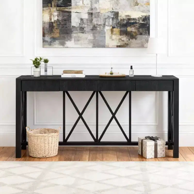 Luxystar 60'' Console Table with 4 Spacious Drawers, Open Bottom Storage for Living Room and Hallway, Black