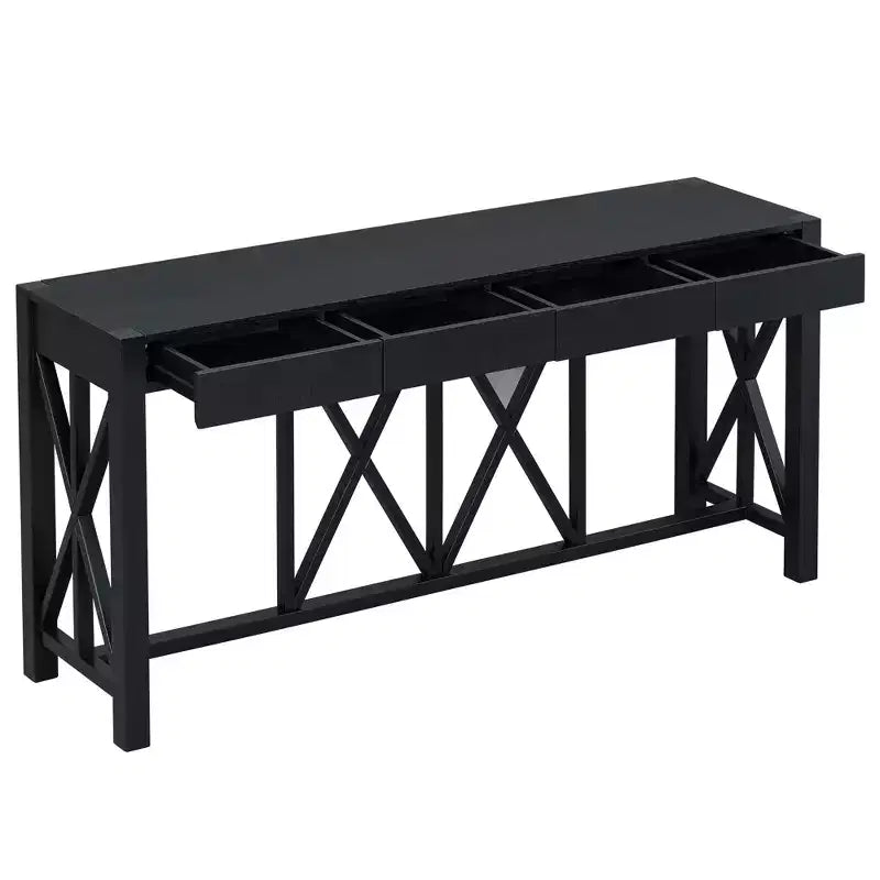 Console de 60 pouces avec 4 tiroirs et étagère inférieure ouverte, noire