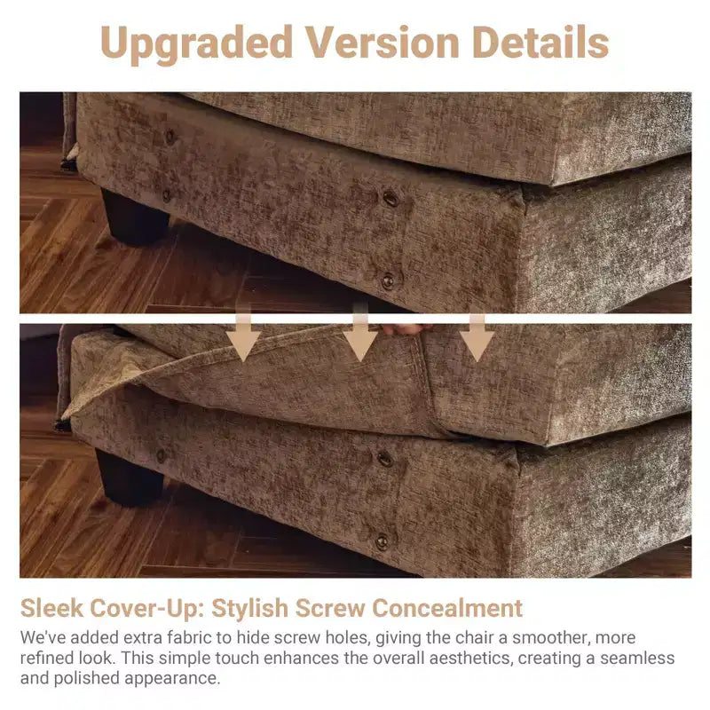 Canapé en chenille avec accoudoirs et surmatelas, largeur 120 po, avec pouf.