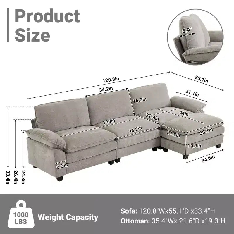 Canapé en chenille avec accoudoirs et surmatelas, largeur 120 po, avec pouf.