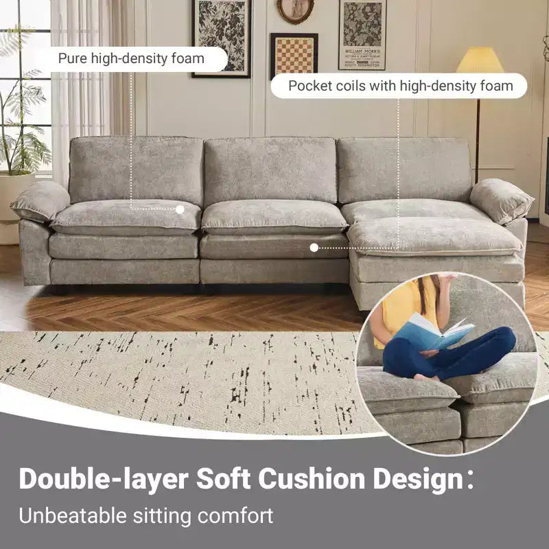Canapé en chenille avec accoudoirs et surmatelas, largeur 120 po, avec pouf.