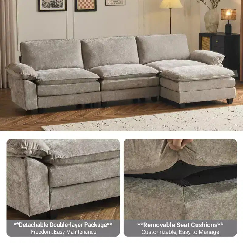 Canapé en chenille avec accoudoirs et surmatelas, largeur 120 po, avec pouf.