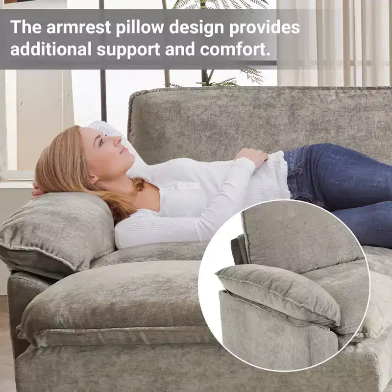 Canapé en chenille avec accoudoirs et surmatelas, largeur 120 po, avec pouf.