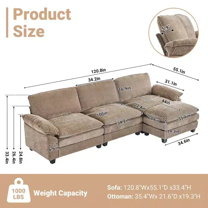 Canapé en chenille avec accoudoirs et surmatelas, largeur 120 po, avec pouf.