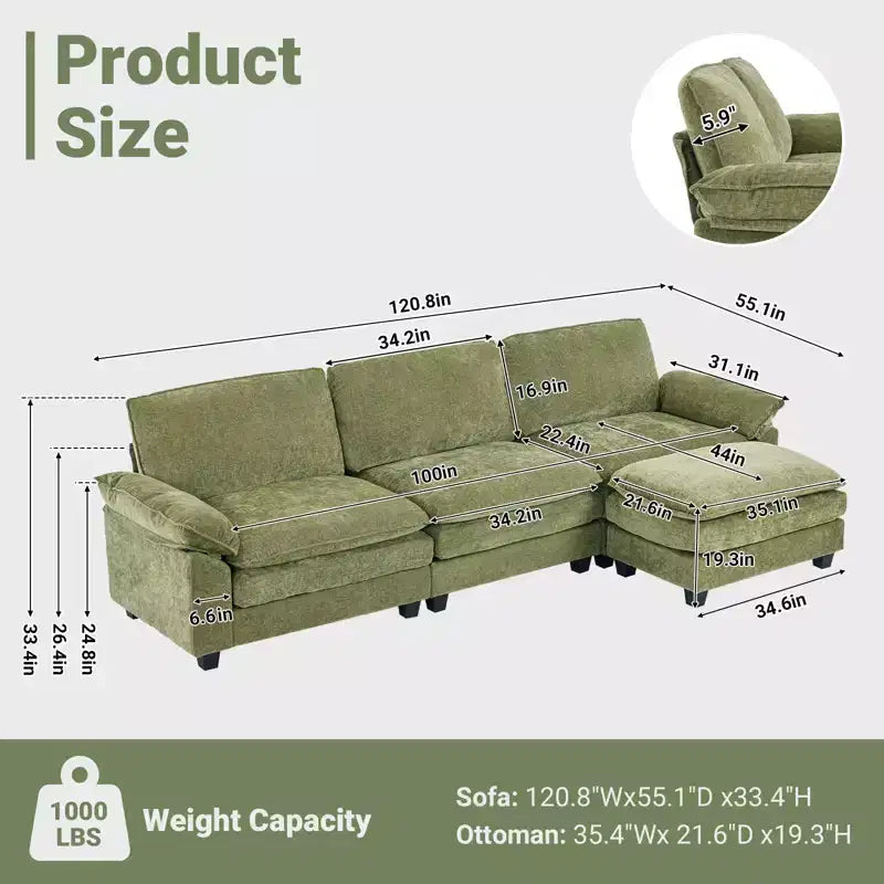 Canapé en chenille avec accoudoirs et surmatelas, largeur 120 po, avec pouf.