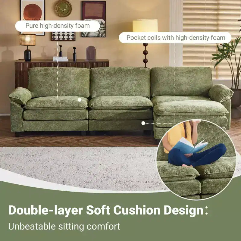 Canapé en chenille avec accoudoirs et surmatelas, largeur 120 po, avec pouf.