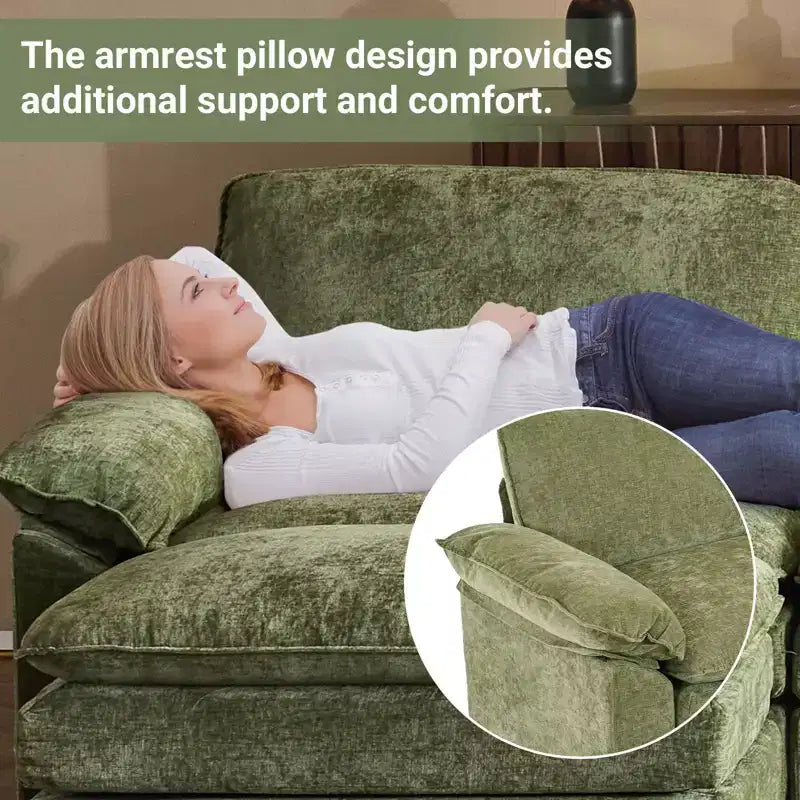 Canapé en chenille avec accoudoirs et surmatelas, largeur 120 po, avec pouf.