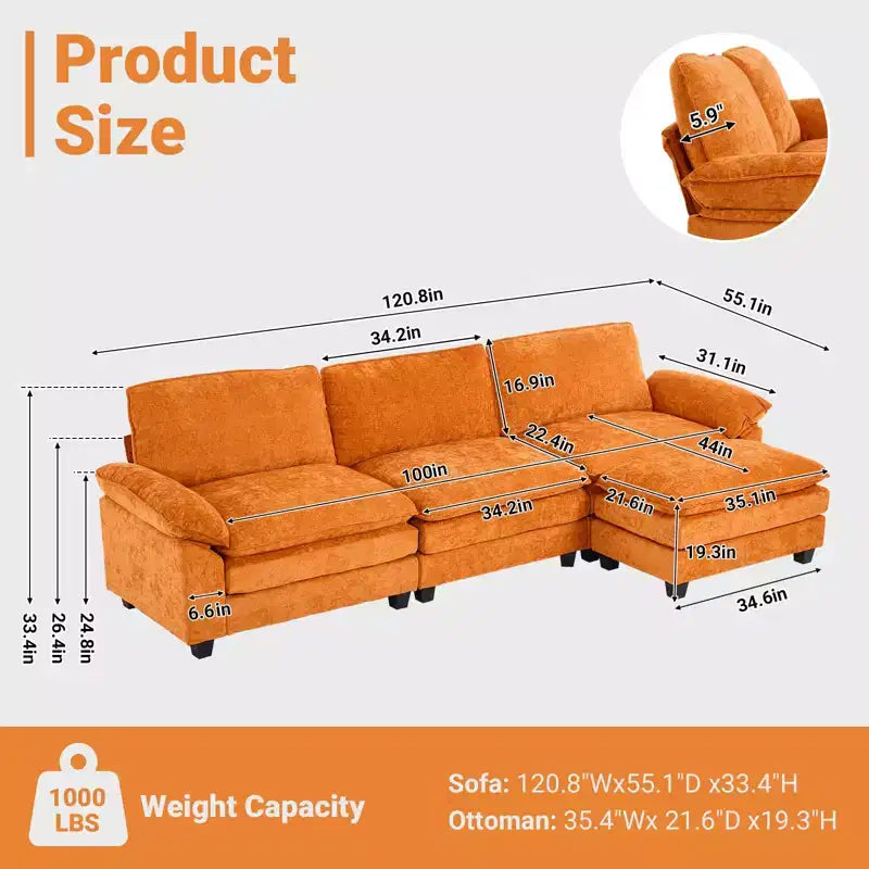 Canapé en chenille avec accoudoirs et surmatelas, largeur 120 po, avec pouf.