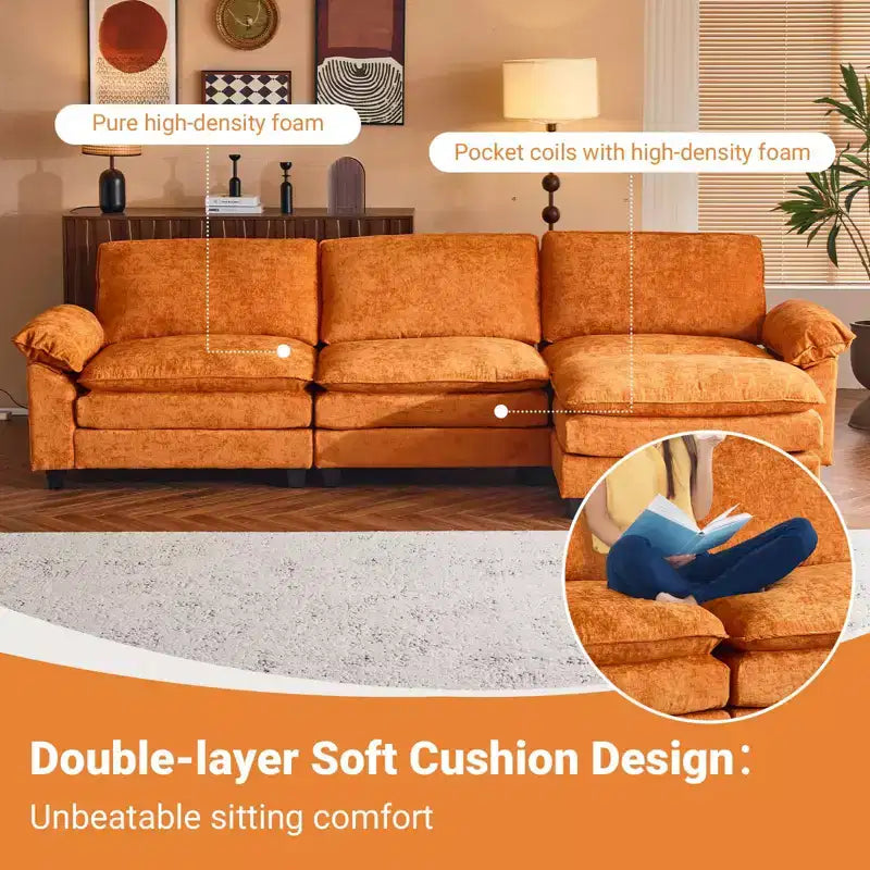 Canapé en chenille avec accoudoirs et surmatelas, largeur 120 po, avec pouf.