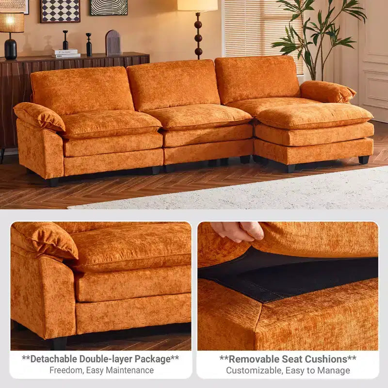 Canapé en chenille avec accoudoirs et surmatelas, largeur 120 po, avec pouf.