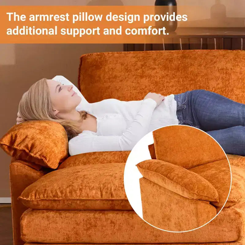 Canapé en chenille avec accoudoirs et surmatelas, largeur 120 po, avec pouf.