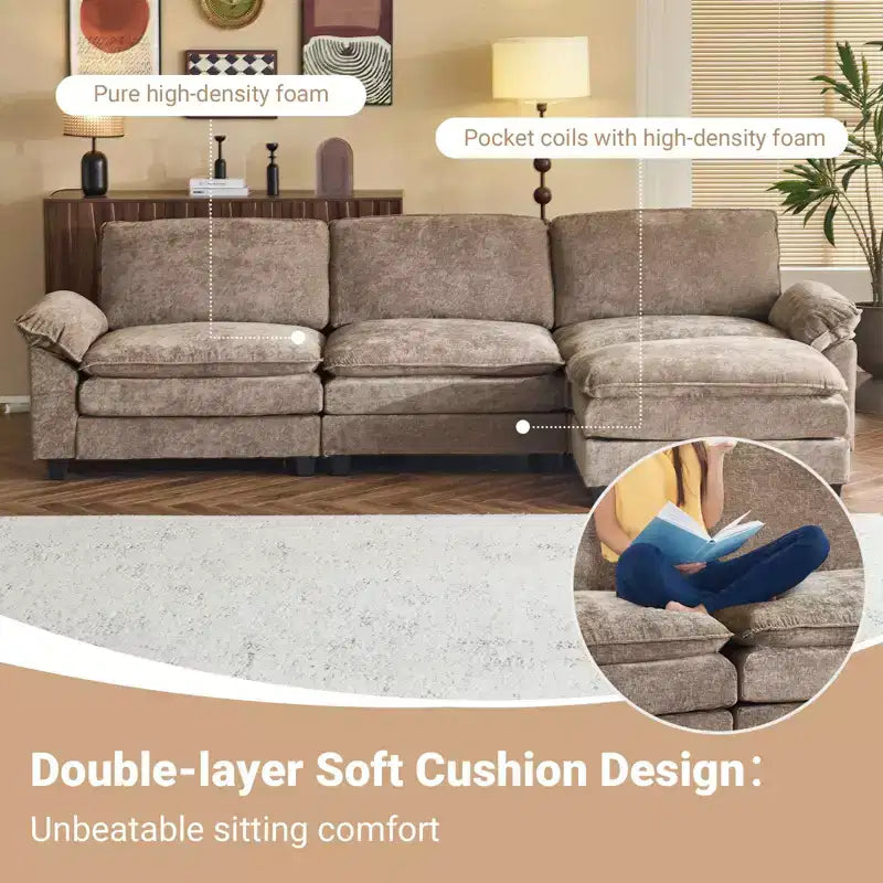 Canapé en chenille avec accoudoirs et surmatelas, largeur 120 po, avec pouf.