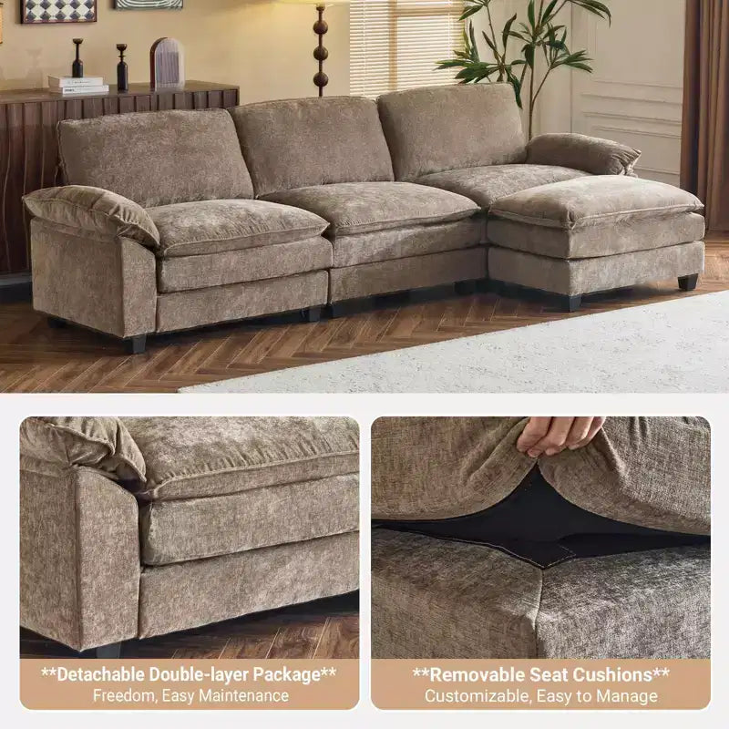 Canapé en chenille avec accoudoirs et surmatelas, largeur 120 po, avec pouf.