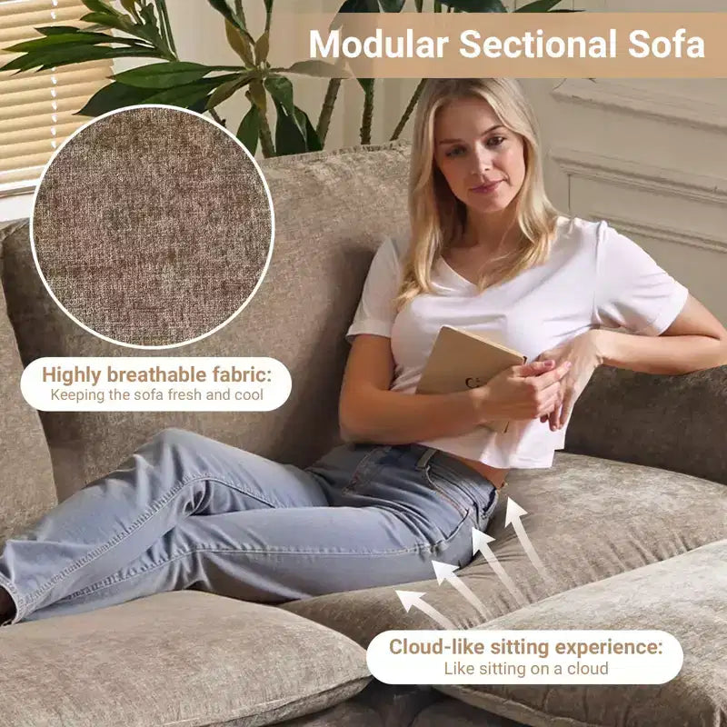 Canapé en chenille avec accoudoirs et surmatelas, largeur 120 po, avec pouf.