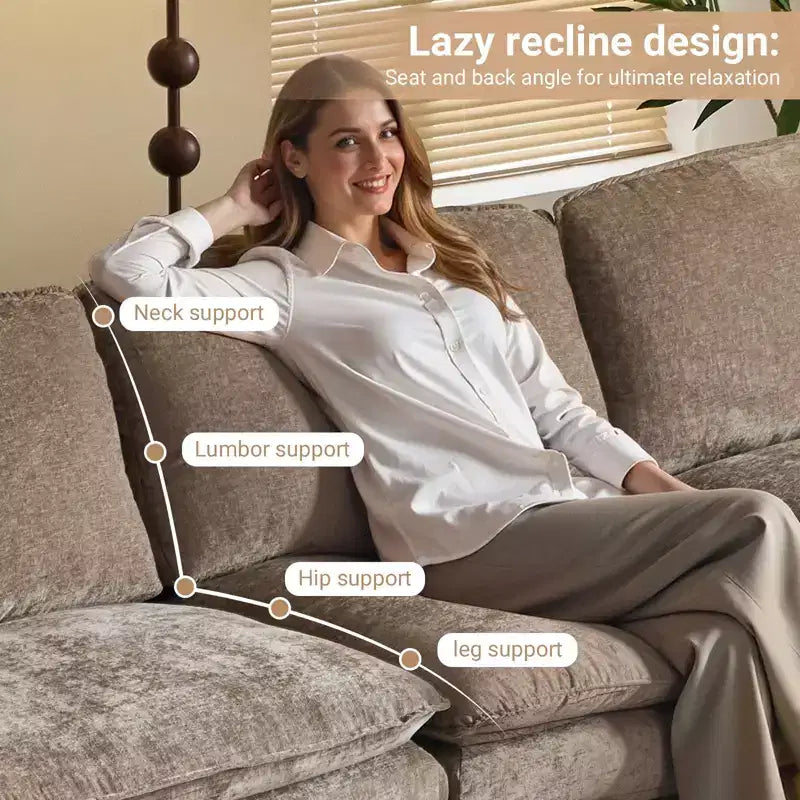 Canapé en chenille avec accoudoirs et surmatelas, largeur 120 po, avec pouf.