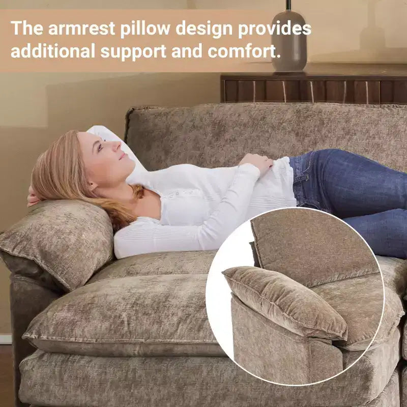 Canapé en chenille avec accoudoirs et surmatelas, largeur 120 po, avec pouf.