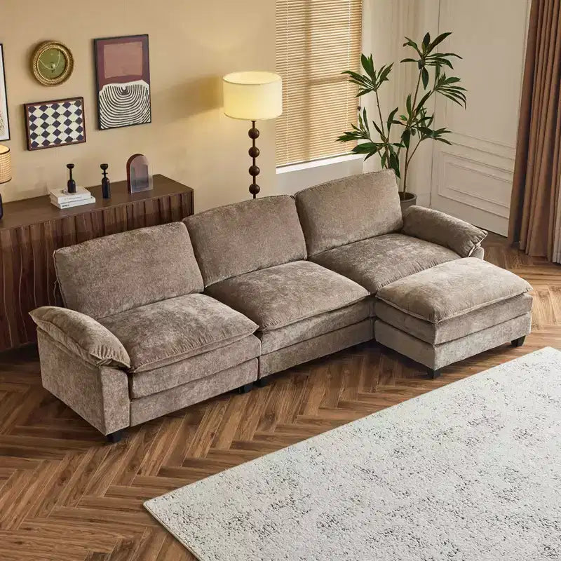 Karl Home |120 in. W Pillow Top Arm Double-layer Cushion Chenille Sofa in Brown With Ottoman