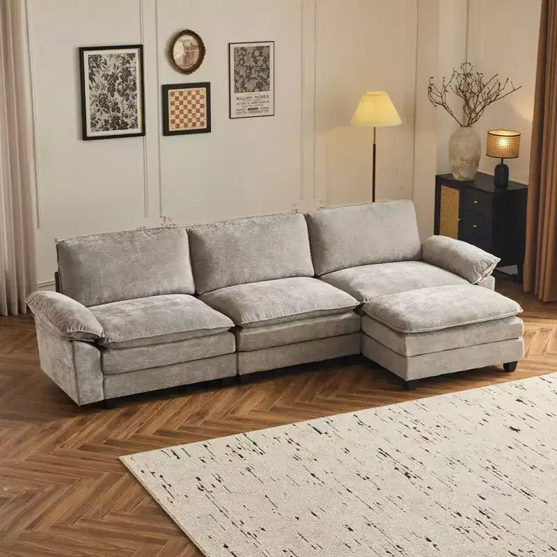 Canapé en chenille avec accoudoirs et surmatelas, largeur 120 po, avec pouf.