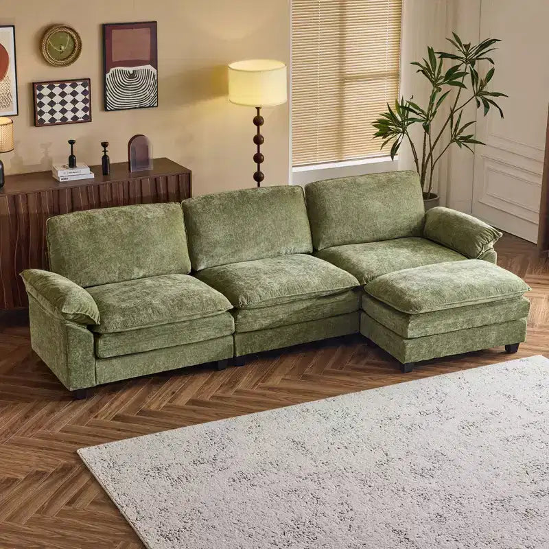 Canapé en chenille avec accoudoirs et surmatelas, largeur 120 po, avec pouf.