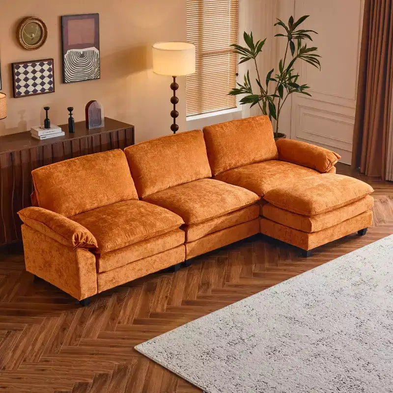 Canapé en chenille avec accoudoirs et surmatelas, largeur 120 po, avec pouf.