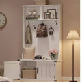 Hall Tree, Shoe Storage Bench - 4-in-1 Entryway Coat Rack with Metal Corner Protector, 5 Hooks, Adjustable Shelf & Wood Doors, White