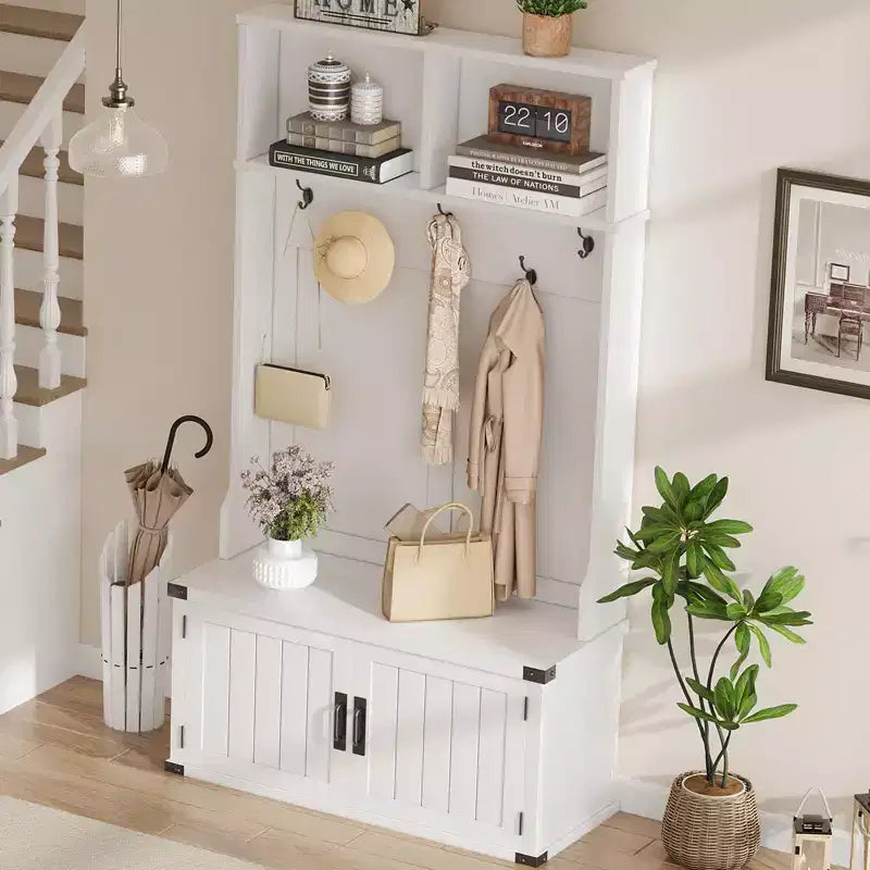 Meuble d'entrée avec banc à chaussures, porte-manteau, 5 patères, étagère réglable et portes en bois – Blanc