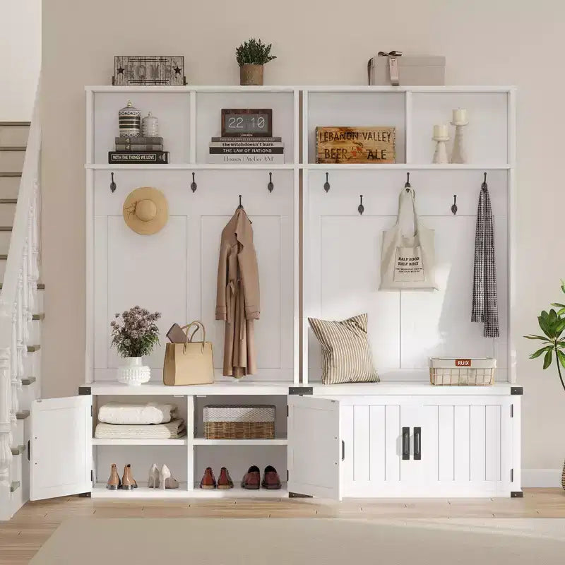 Meuble d'entrée avec banc à chaussures, porte-manteau, 5 patères, étagère réglable et portes en bois – Blanc