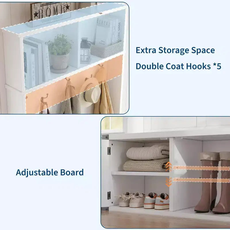 Meuble d'entrée avec banc à chaussures, porte-manteau, 5 patères, étagère réglable et portes en bois – Blanc