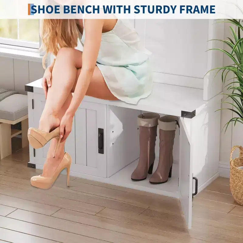 Meuble d'entrée avec banc à chaussures, porte-manteau, 5 patères, étagère réglable et portes en bois – Blanc
