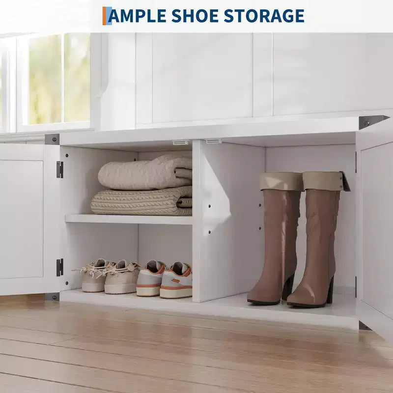 Meuble d'entrée avec banc à chaussures, porte-manteau, 5 patères, étagère réglable et portes en bois – Blanc