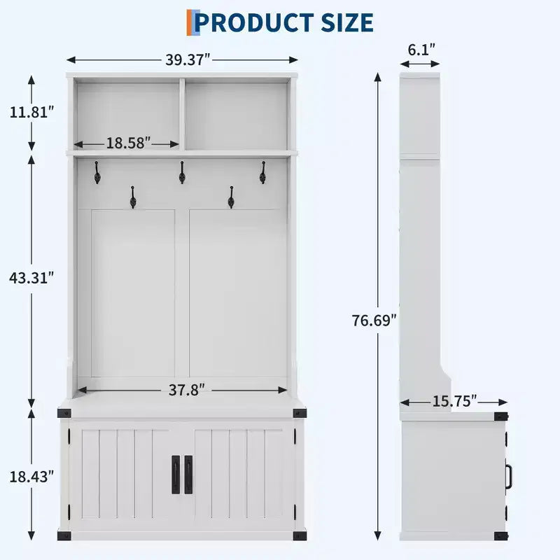 Meuble d'entrée avec banc à chaussures, porte-manteau, 5 patères, étagère réglable et portes en bois – Blanc