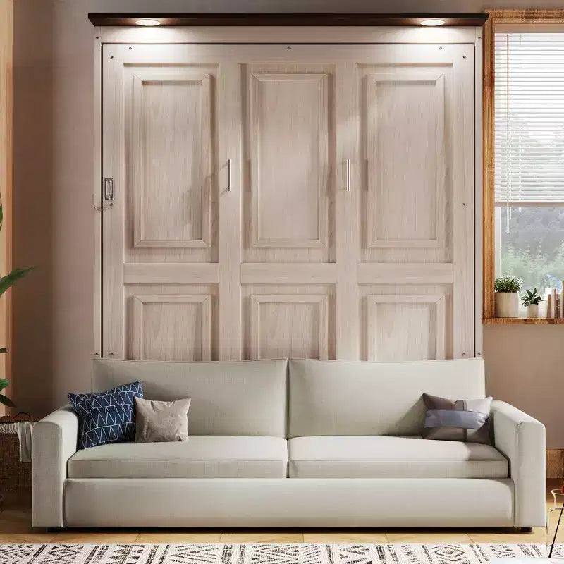 Queen Size Murphy Bed with Sofa & LED Lights, Space Saving Wall Bed Unit with Upholstered Sofa, Beige - ModernLuxe