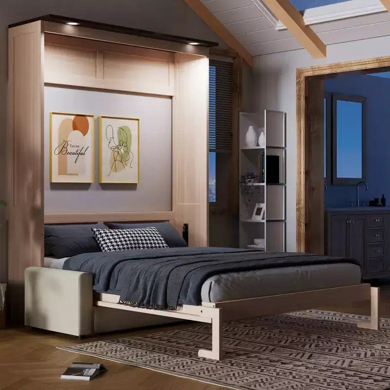Letto a scomparsa Queen Size con divano e luci LED – Beige