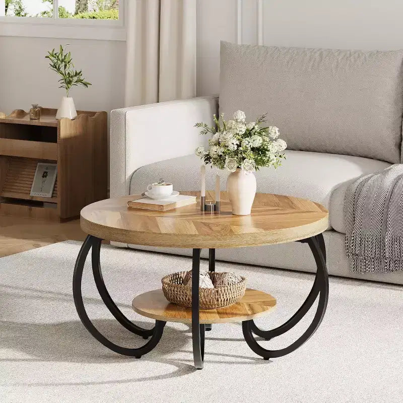 Table basse ronde à 2 niveaux avec étagère de rangement