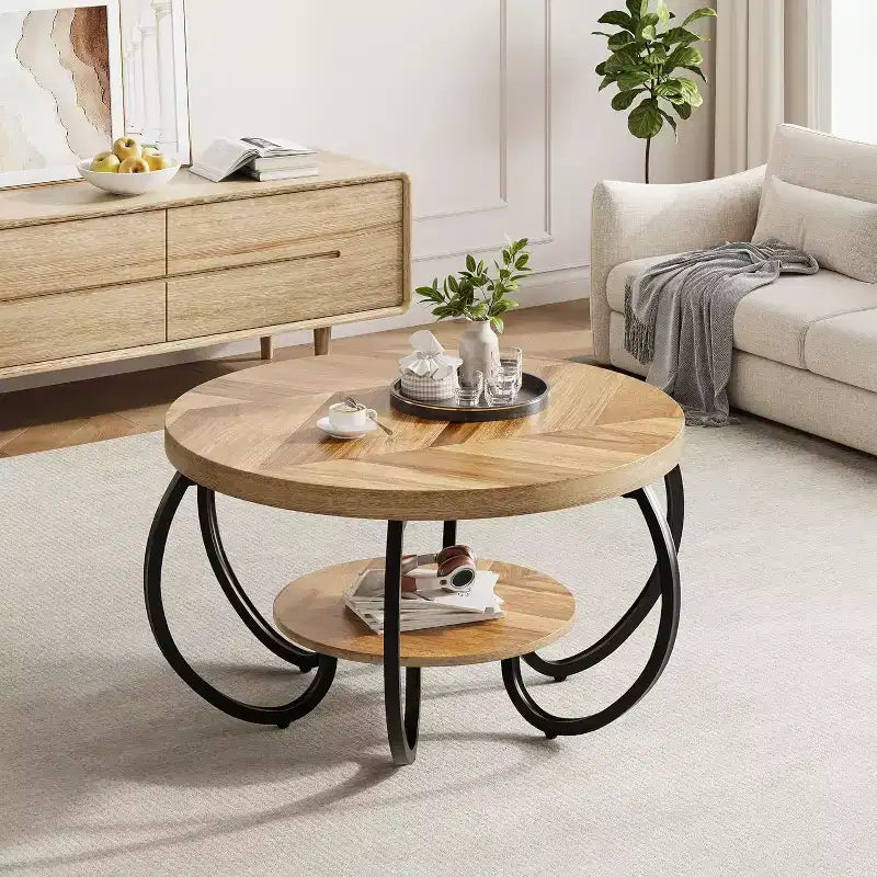 Table basse ronde à 2 niveaux avec étagère de rangement