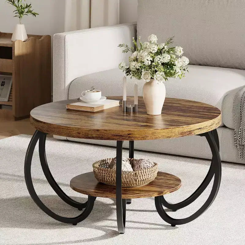 Table basse ronde à 2 niveaux avec étagère de rangement