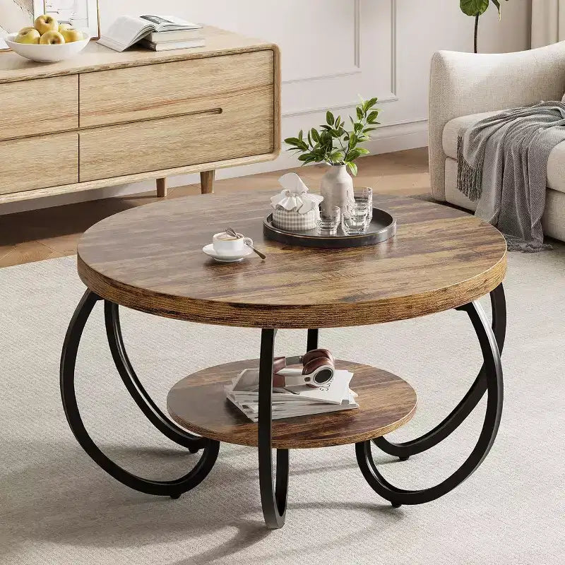 Table basse ronde à 2 niveaux avec étagère de rangement