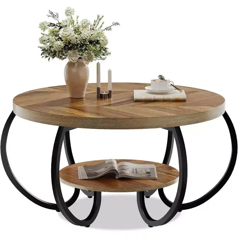Table basse ronde à 2 niveaux avec étagère de rangement