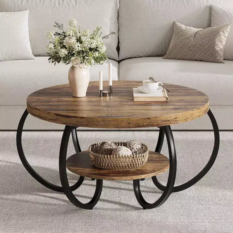 Round Coffee Table 30 Center Table, 2-Tier Coffee Table Industrial Center Tables with Adjustable Feet, Living Room Tables