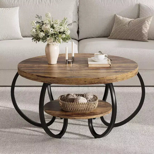 Round Coffee Table 30 Center Table, 2-Tier Coffee Table Industrial Center Tables with Adjustable Feet, Living Room Tables