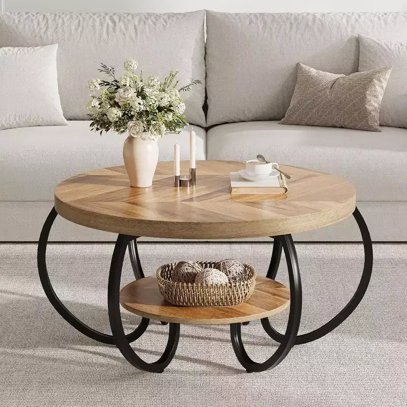 Table basse ronde à 2 niveaux avec étagère de rangement