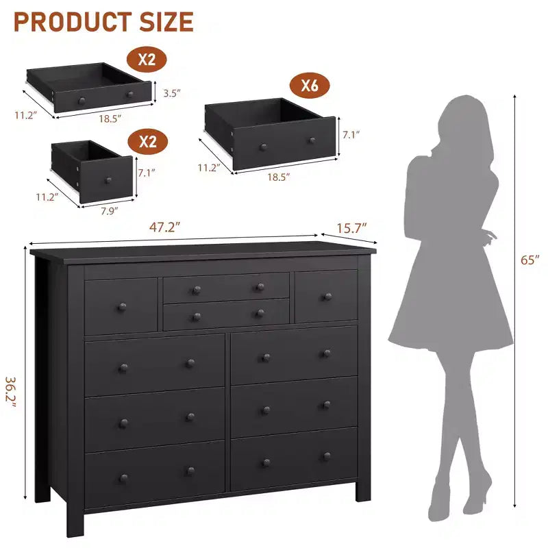 Commode 10 tiroirs avec détails en rotin et étagère ouverte