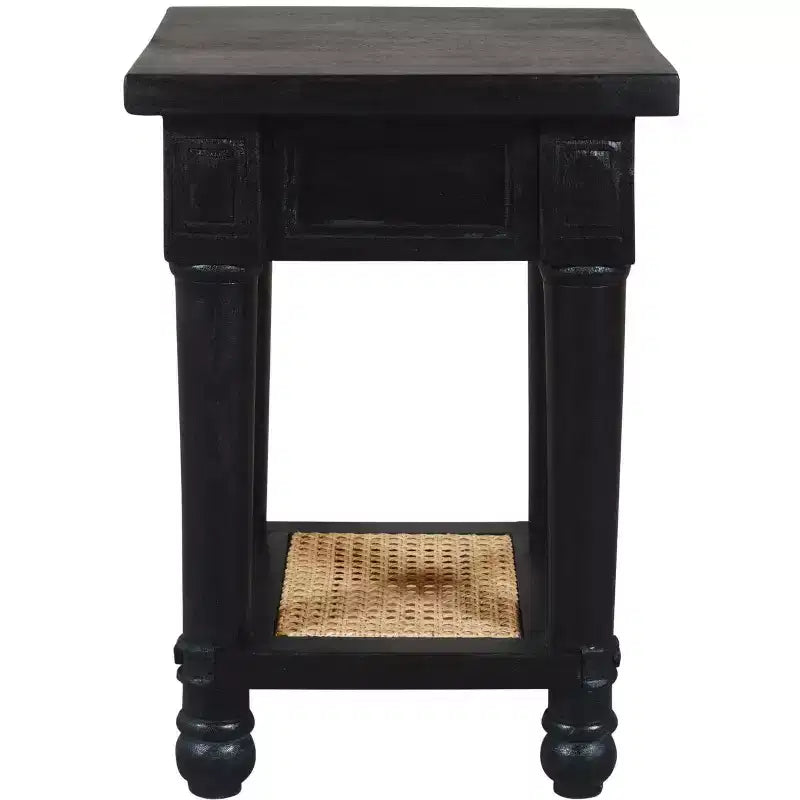 HomeRoots 20 Black And Natural Solid Wood And Cane Square End Table With Shelf