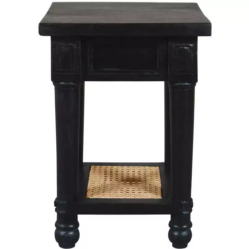 HomeRoots 20 Black And Natural Solid Wood And Cane Square End Table With Shelf