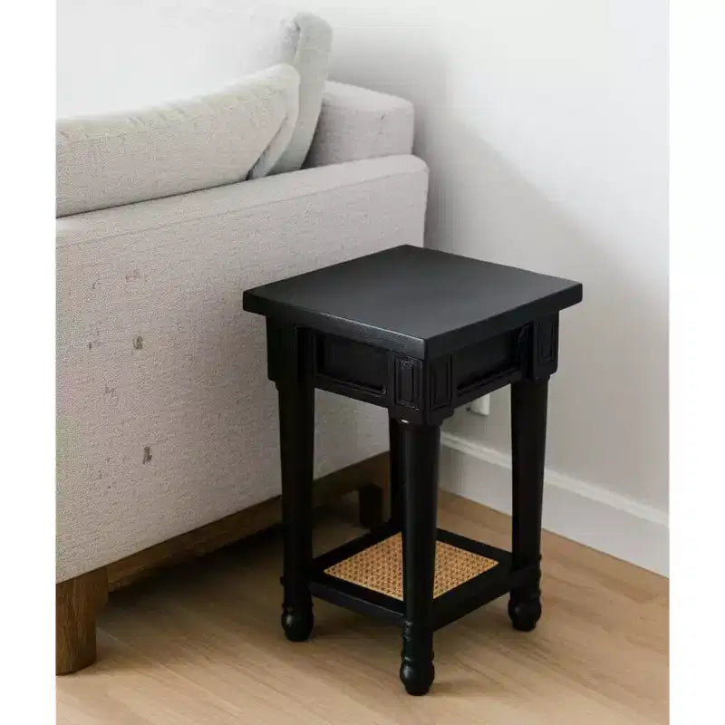 Table d'appoint carrée de 50,8 cm avec étagère – Bois massif et cannage