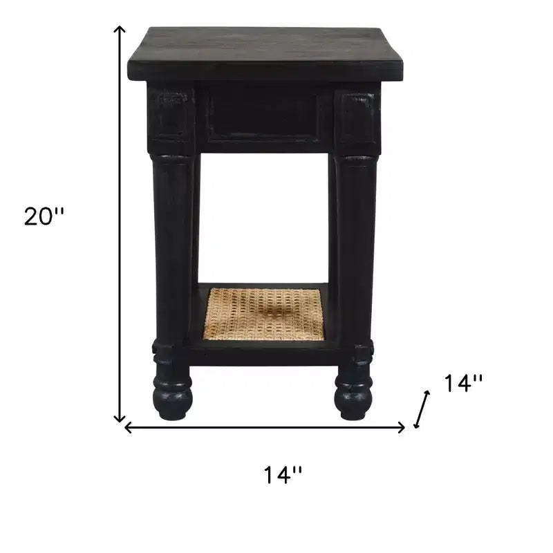 Table d'appoint carrée de 50,8 cm avec étagère – Bois massif et cannage