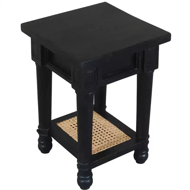 Table d'appoint carrée de 50,8 cm avec étagère – Bois massif et cannage