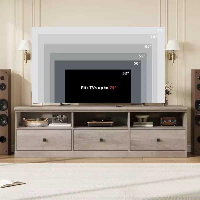 Meuble TV de style Mid-Century avec tiroirs et étagères ouvertes – 70 pouces